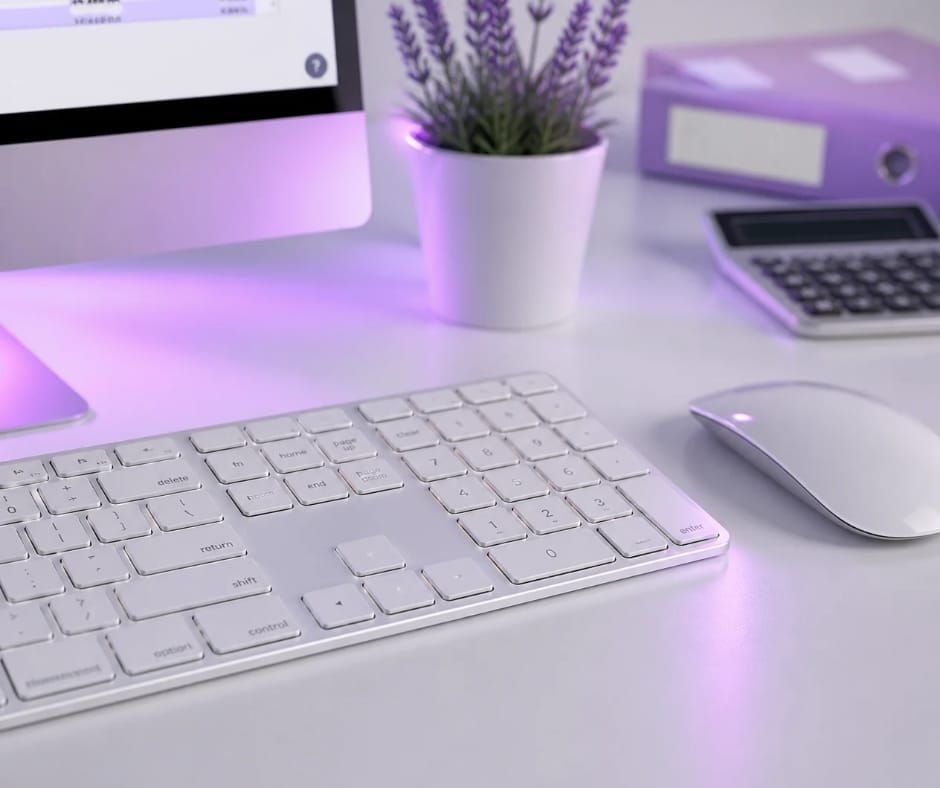 Professional workspace with white keyboard, mouse, lavender plant and purple folder on a clean desk